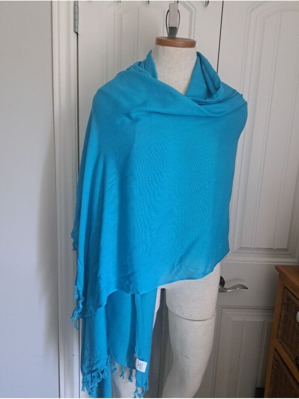 L.L. BEAN turquoise blue scarf Shawl Wrap fringe ends Viscose Rayon lightweight
